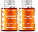 Vitamatický vitamin D3 Gummies - 5000 IU Na Gummy 124; 60 Gummies na láhev 124; Balení 2 (Celkem 120 Počet) Velká chuť 124; Podporuje kosti, zuby, nálada, společné a imunitní zdraví