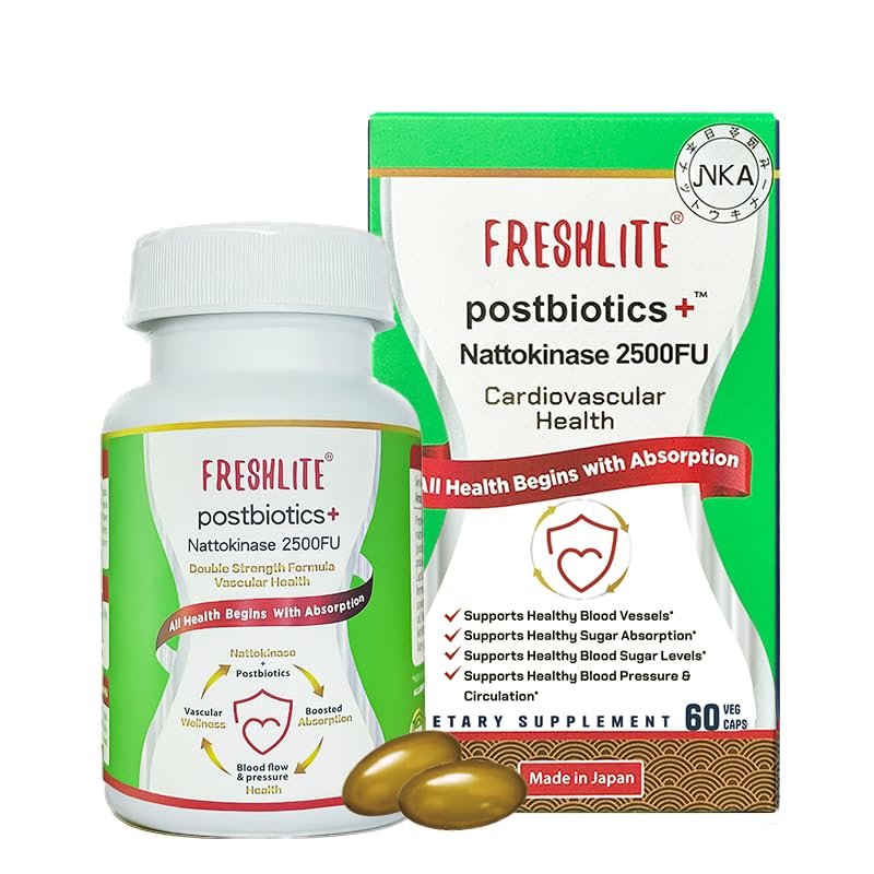 FRESHLITE 2500FU Premium NSK-SD Nattokináza & Vegan Postbiotika pro kardiovaskulární podporu CY124; Krevní tlak, Cholesterol & Heart Health CY124; JNKA Certified CY124; Non- GMO, gluten- Free, 60 Kapsle Japonsko Made