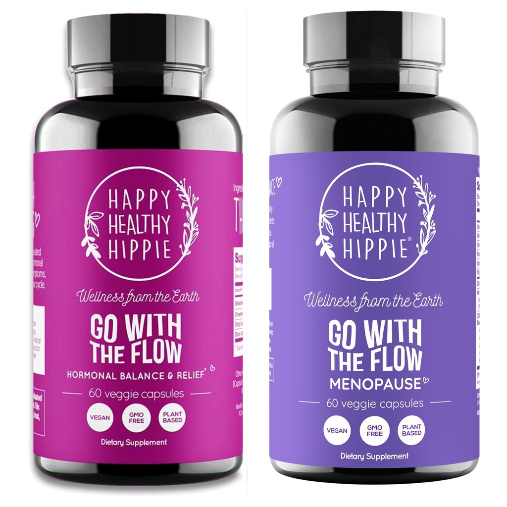 Šťastný zdravý hippie jít s Flow Menopauza Podpora & jít s Flow Hormon Balance pro ženy