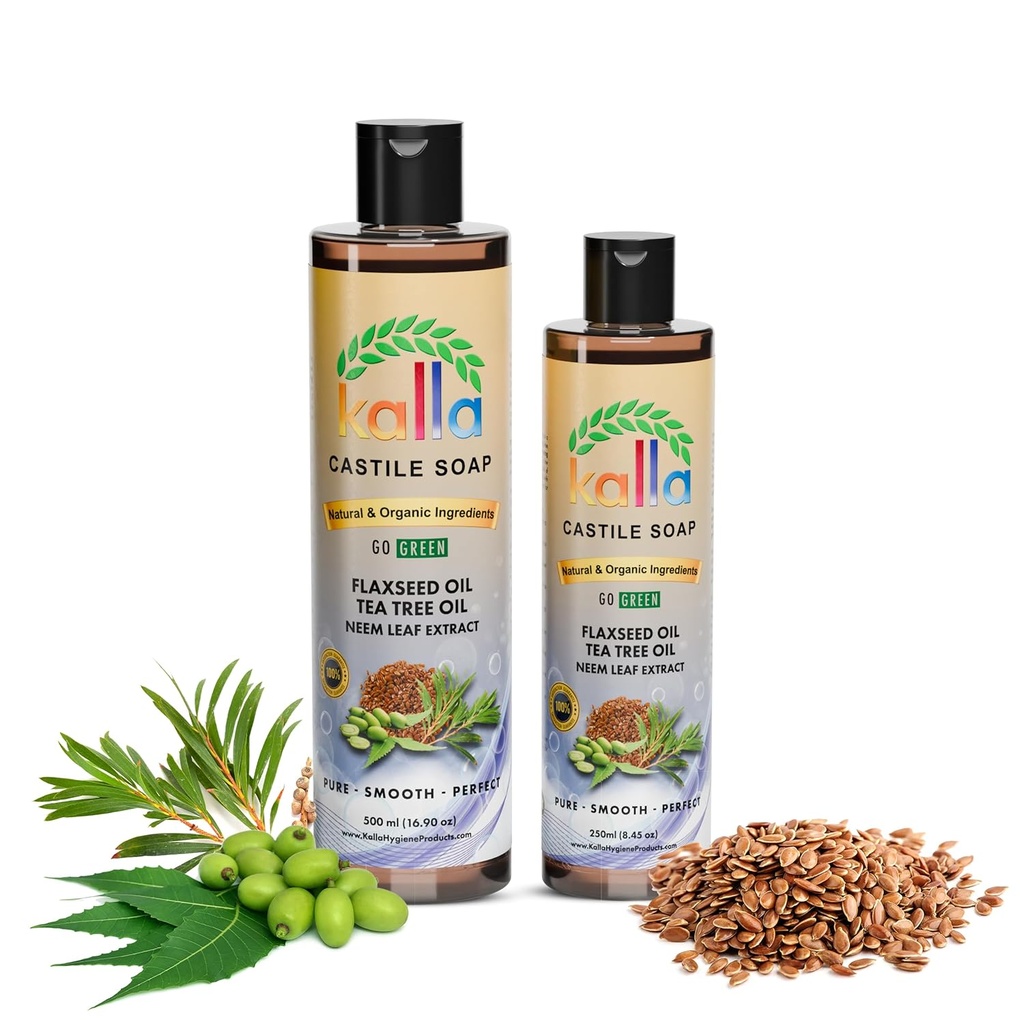 Kalla Organic Flaxseed Kastilie mýdlo 100% čisté kastilie tekuté mýdlo Neem list extract- 250ml, Certified Coconut Oil, Tea Tree esenciální Kastilie gluten Free Hand
