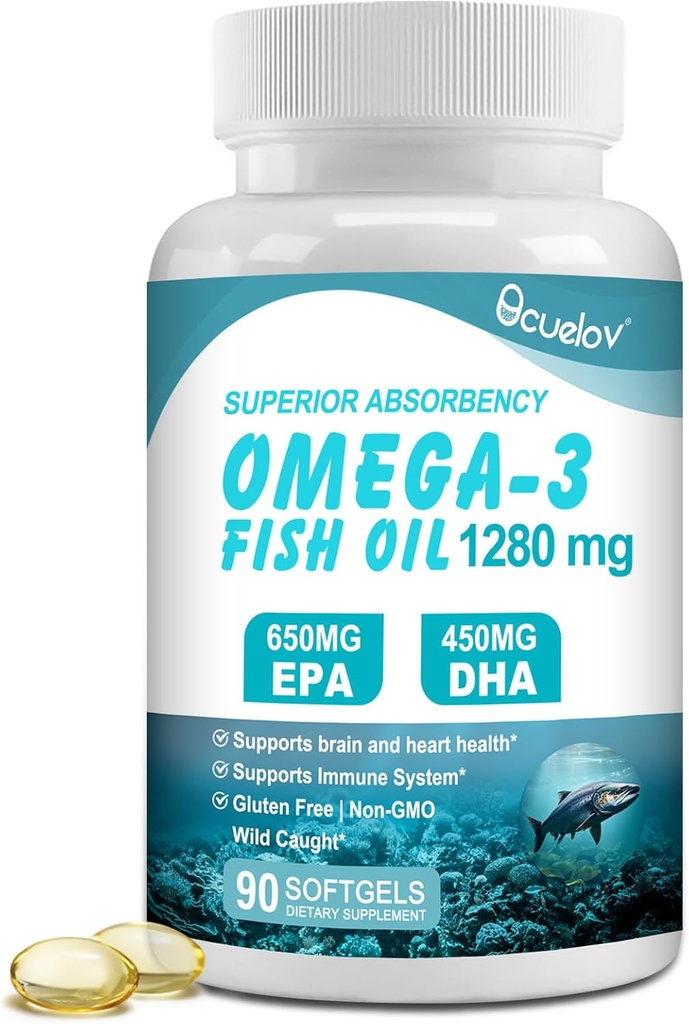 Omega 3 Doplňky rybího oleje, Triple Strength Omega 3 Nutriční dodatek s 650mg EPA 450mg DHA Per Serving - Brain, Eye, Heart & Immunal Health Support - 90 Softgels (45 Serv)