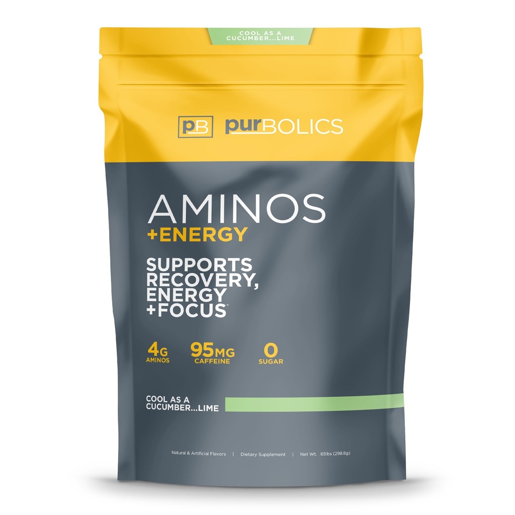 Purbolika Aminos + Energy CUP124; Podporuje obnovu, Energy & Focus CUP124; 95mg kofeinu, 0 Cukr & 60 Služeb (Cool As Cucumber... Lime)