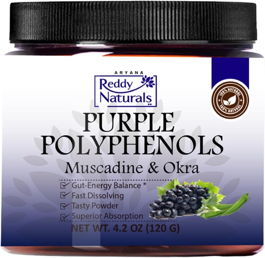 Reddy Naturals - Purple Polyfenols dodatek s Muscadin Grape Seed Extract - Přírodní Gut Zdraví Support Powder s Okra Extract, Antioxidant Směs pro energetiku a stravitelné zdraví (30 Služeb)