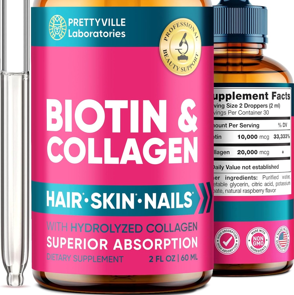 Liquid Collagen & Biotin pro ženy - 30000mcg Hair Growth Complex - Made in USA - Hydrolyzovaný kolagen & Biotin Oil for Hair Growth, Zdravá kůže & Nails - Vegan Collagen & Biotin Source - 2 fl oz