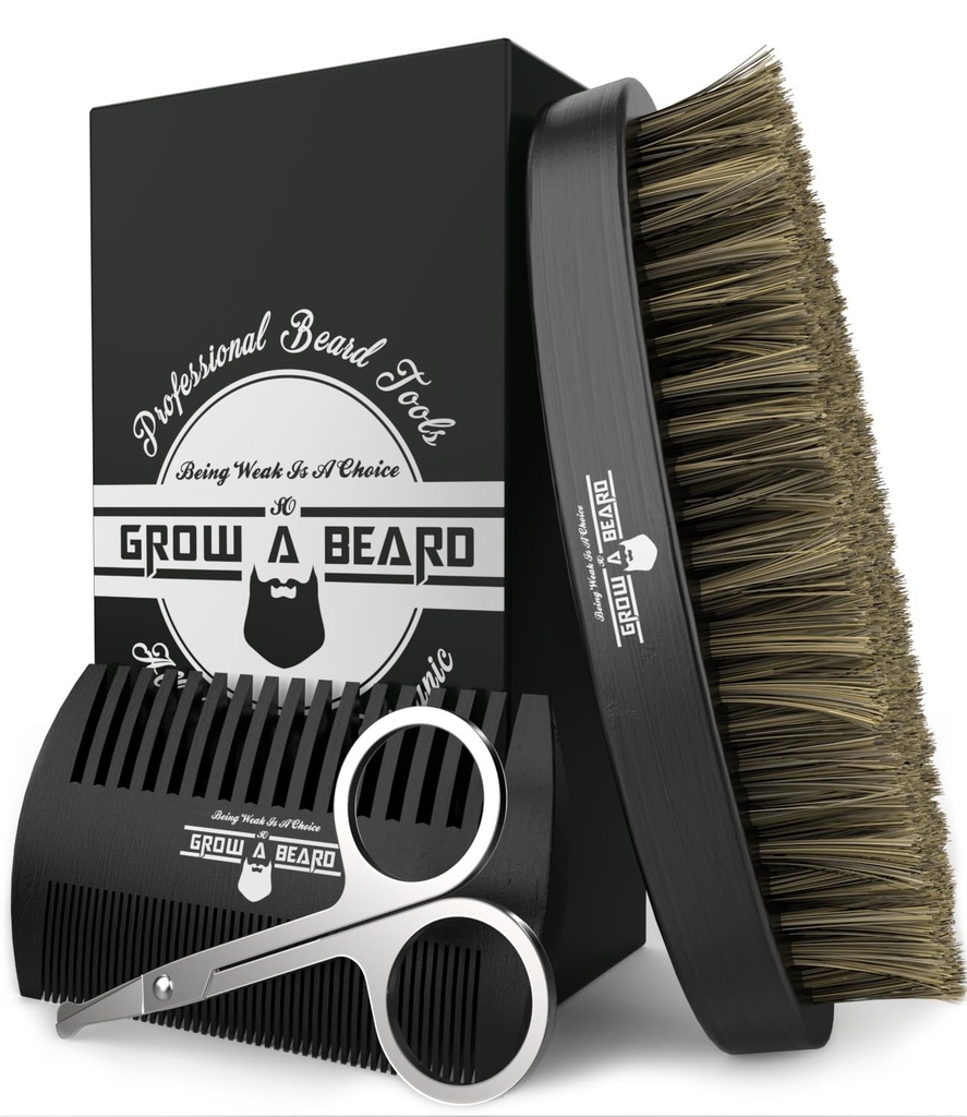 Beard kartáč pro muže & Beard Comb Set w / Nůžky na kníry Grooming Kit, Natural Boar Bristle Brush, Dual Action Wood Comb, a cestovní taška skvělé pro vánoční dárek