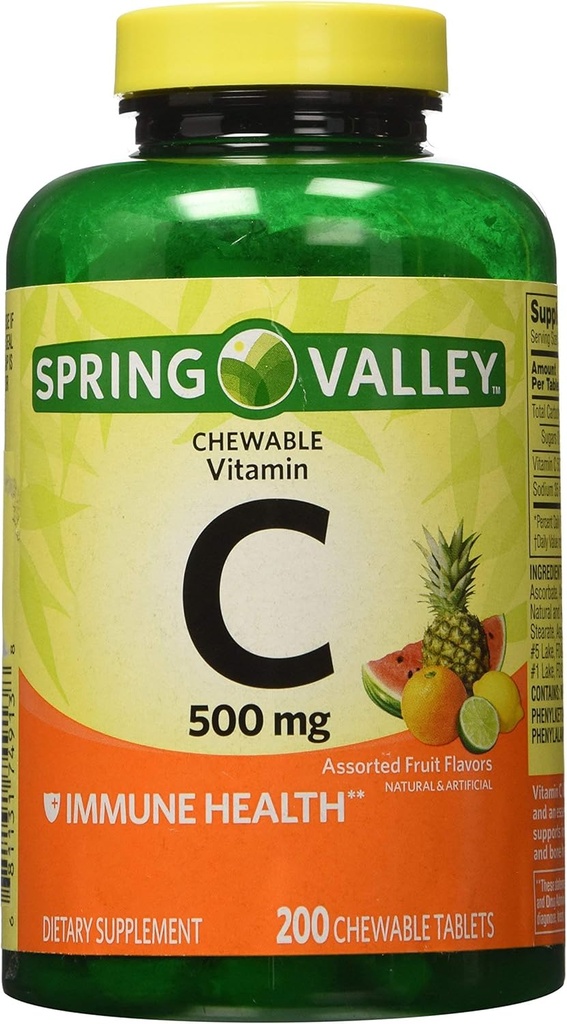 Jarní údolí - Vitamin C Více ovocných příchutí 500 mg, 200 žvýkací tablety (2 balení) + 1 Mini cestovní Pill kontejner s Keychain (Barvy května Vary)