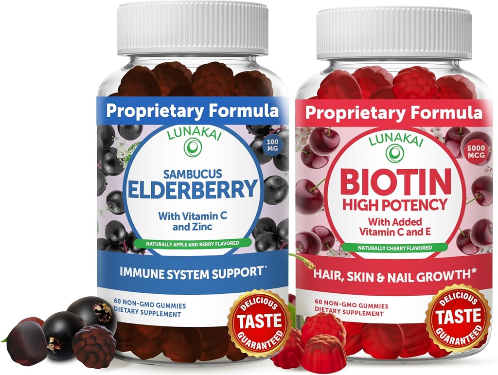Lunakai Biotin & Elderberry Gummies Bundle - Gummy pro růst vlasů, kůže záře a silnější nehty s vitamínem C a E - Imunitní Supplement pro dospělé a děti