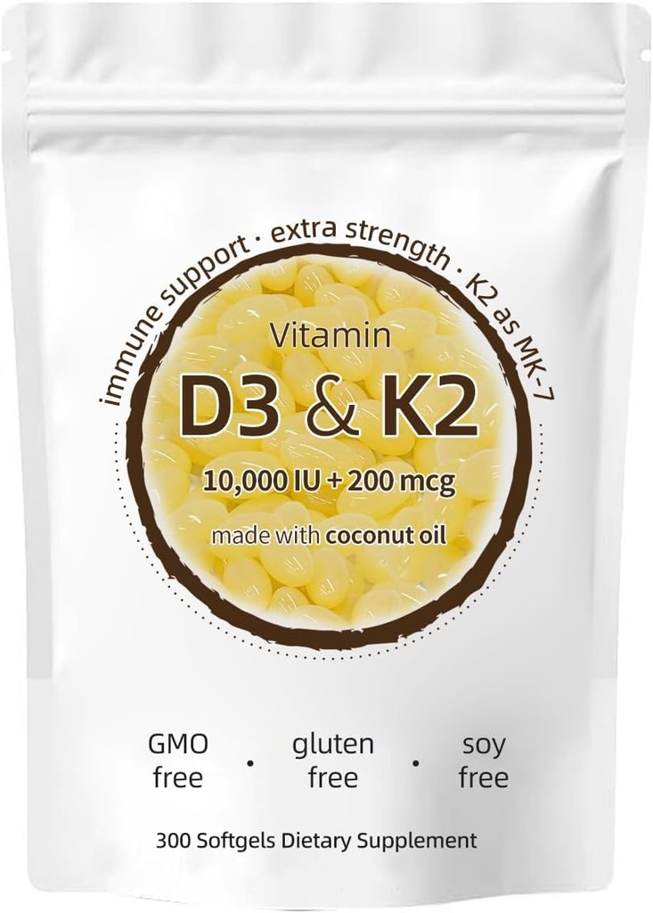 Vitamin D3 K2 dodatek, 10000 IU D3 + 200 MCG K2, 300 Softgels, Non- GMO, bezlepkové