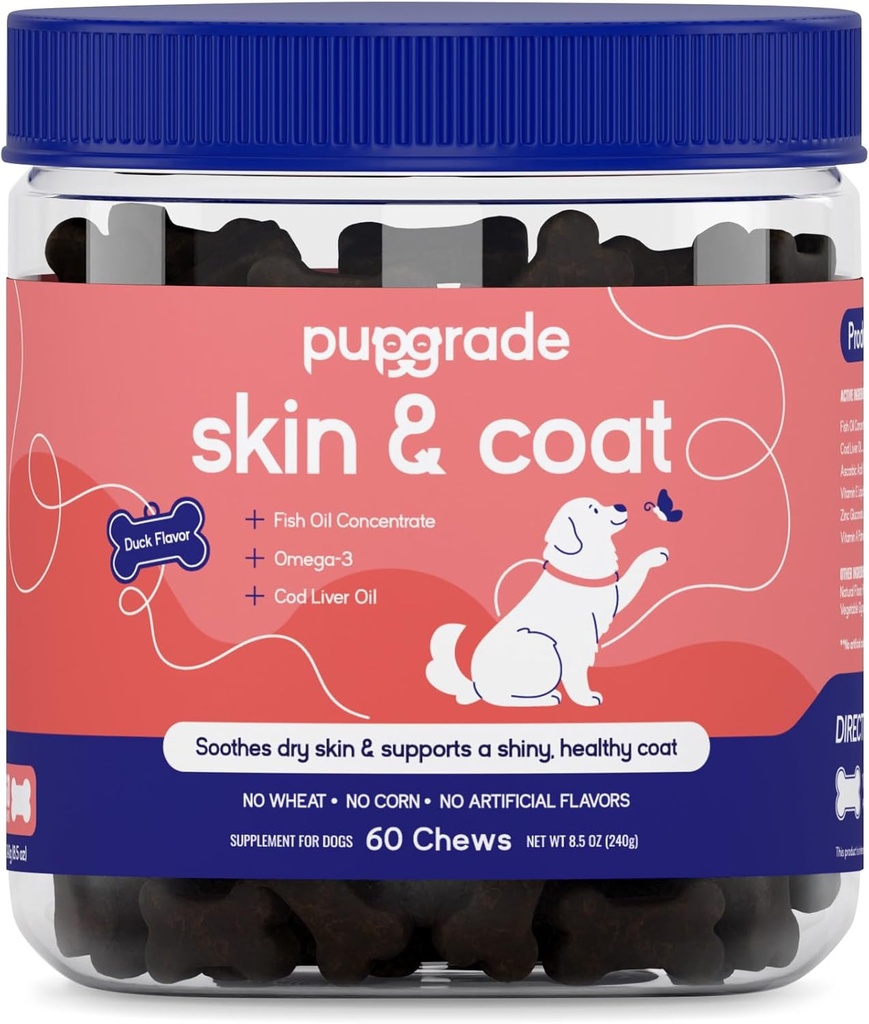 Pupgrade kůže & coat měkký žvýkací doplněk pro psy - podporuje zdravou pleť, kabát, a imunitní funkce - bohaté na přírodní rybí olej, Omega mastné kyseliny, a vitamíny - 60 měkké žvýkání