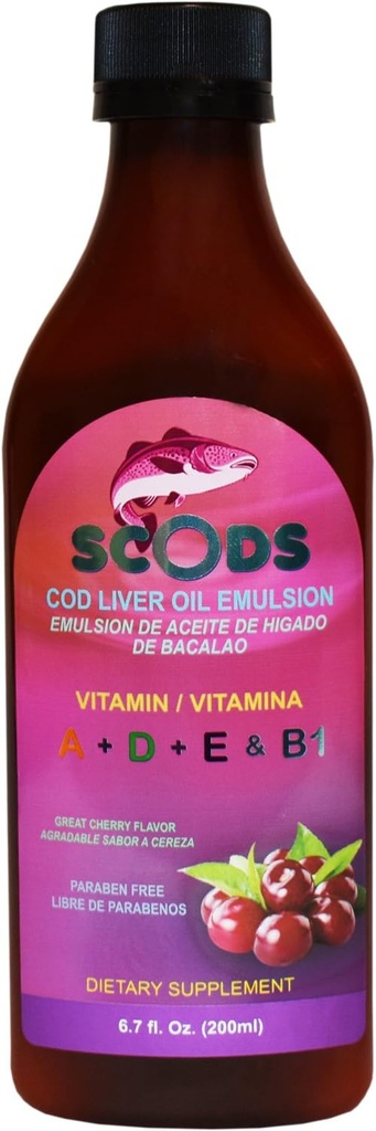Emulze de Scods Cereza Cod Jaterní olej Emulze Cherry 200ml Vitamin A + D + E & B1