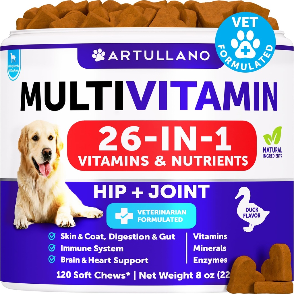 Pes Multivitamin Žvýkací s Glucosamine 26 v 1 - Dog Vitamíny a doplňky - Senior & Puppy Multivitamin pro psy - Pet Joint Support Health - Imunity, Mobility, Gut Skin - 120 Žvýkačky