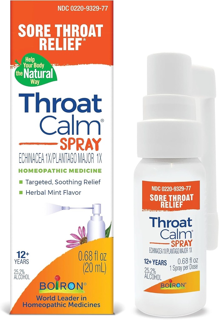 Boiron throatCalm Spray for Soothing Sore throat Relief - Plant- Powered with Echinacea - Natural, Mint- Like Herbal Flavor - Non- Numbing & Benzocaine- Free - .68 Fl Oz