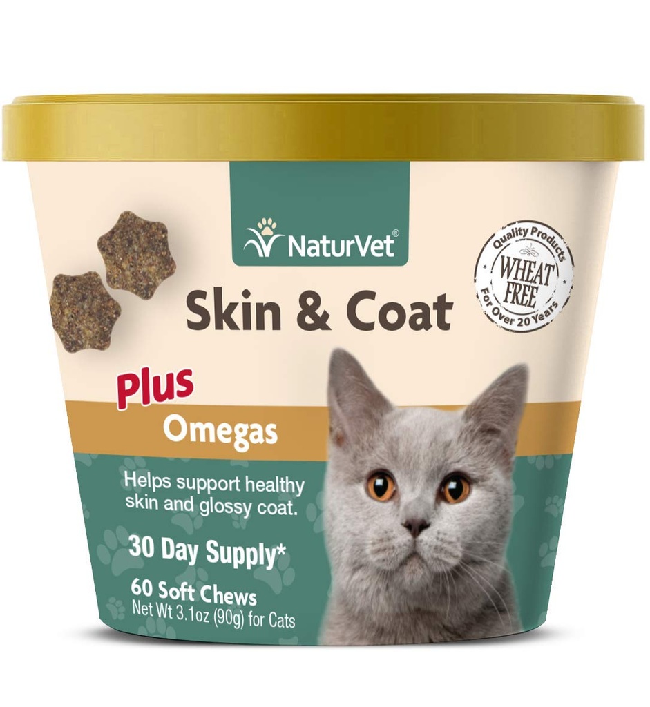 NaturVet - Kůže & Coat Plus Omegas pro kočky - 60 měkké žvýkací 124; Podporuje zdravou pleť & Glossy Coat 124; Vylepšený s Omega-3, Omega-6 & Biotin 124; 30 denní zásobování