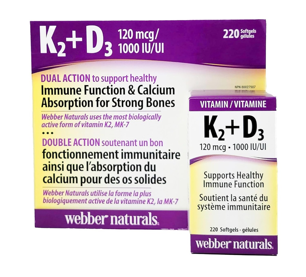 Webber Naturals K2 + D3 120 mcg / 1000 IU, podporuje zdravou imunitní funkci - 220 softgelů