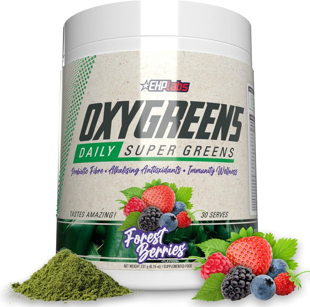 EHP Labs OxyGreens Super Green Powder - Denní zelené a Superfood dodatek s Spirulina, Chlorella, Prebiotika, Digestivní Enzymy, Antioxidanty - 30 Služeb (Lesní bobule)