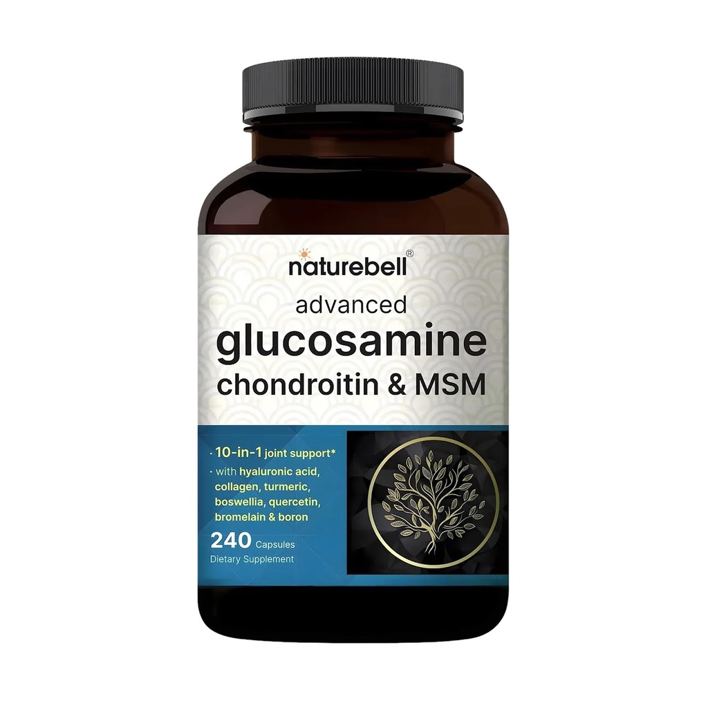 NatureBell Advanced Glucosamine Chondroitin MSM dodatek, 240 Kapsle 124; 10- in-1 Joint Support Complex - s Hyaluronic acid, kolagen, turmeric, Boswellia, & Více - Non- GMO