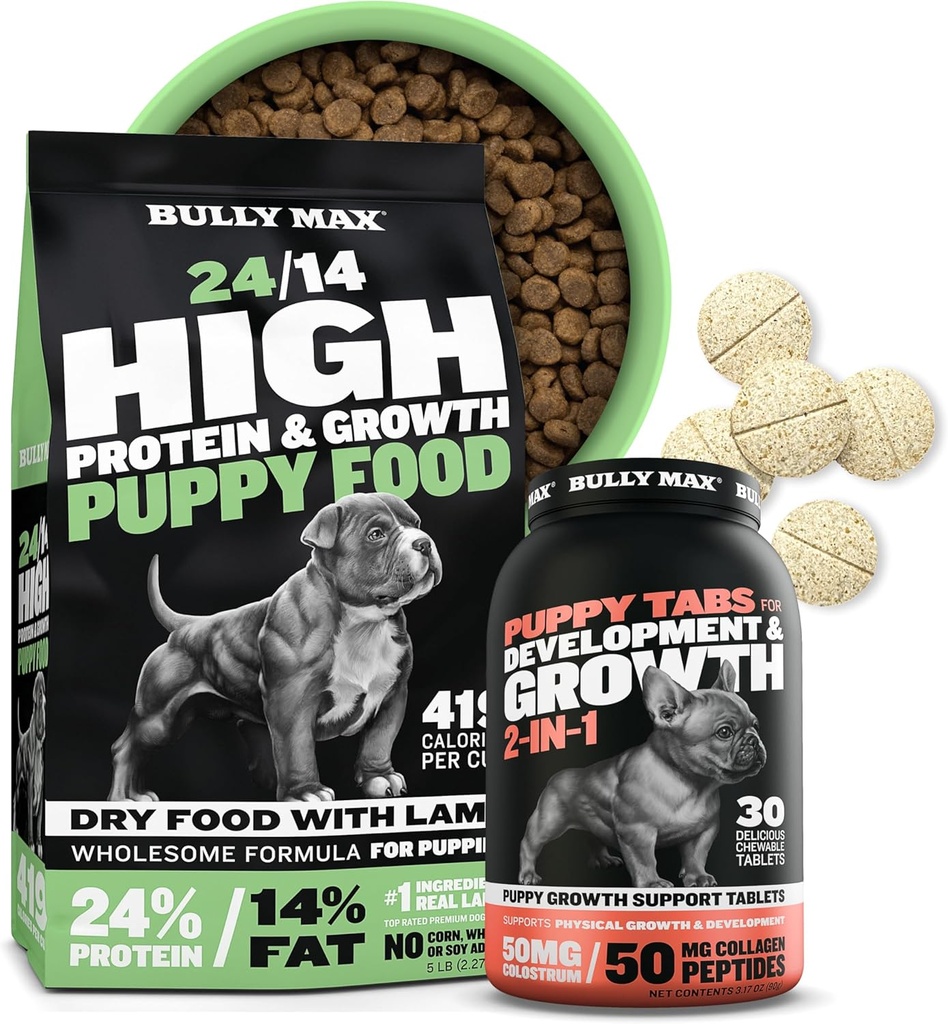 Bully Max 24 / 14 High Protein Puppy Food (5lbs.) a Puppy Vitamíny (30 žvýkací karty) pro vývoj a růst Bundle - svalová, imunitní, kostní a stravitelná podpora u malých a velkých chovných štěňat
