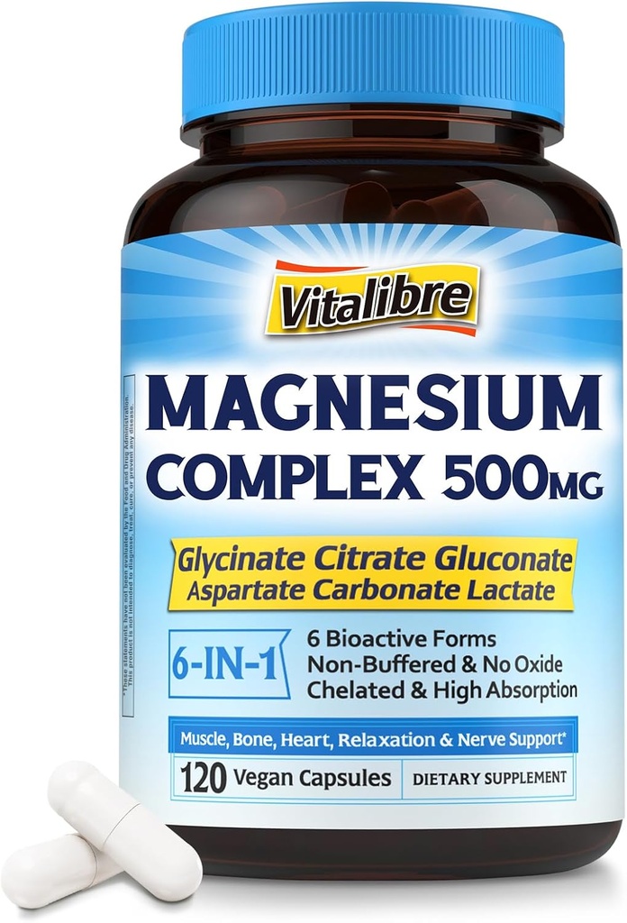 Komplex hořčíku 500 mg, 6 in 1 Chelated Magnesium Glycinát, Citrát, Aspartát, Glukonát, karbonát a laktát, Max Absorpční dodatek pro spánek & klid, 120 Vegan Caps, No Magnesio Oxide