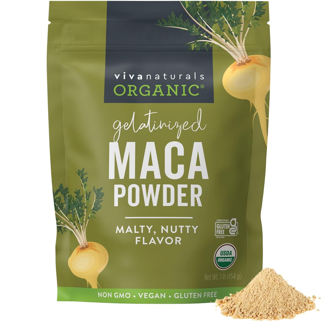 Viva Naturals Organic Maca Powder, Gelatinized, 16 oz (1 LB) - Vegan, USDA Organic, Gluten- Free, Non- GMO peruánské Superfood in Resealable Bag