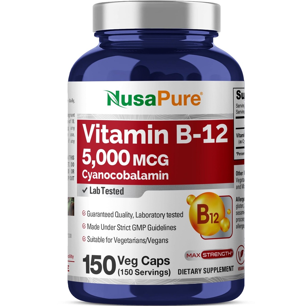 NusaPure Vitamin B12- 5000 MCG 150 Veggie Kapsle (Non- GMO, Vegan) - Max Síla Vitamin B12