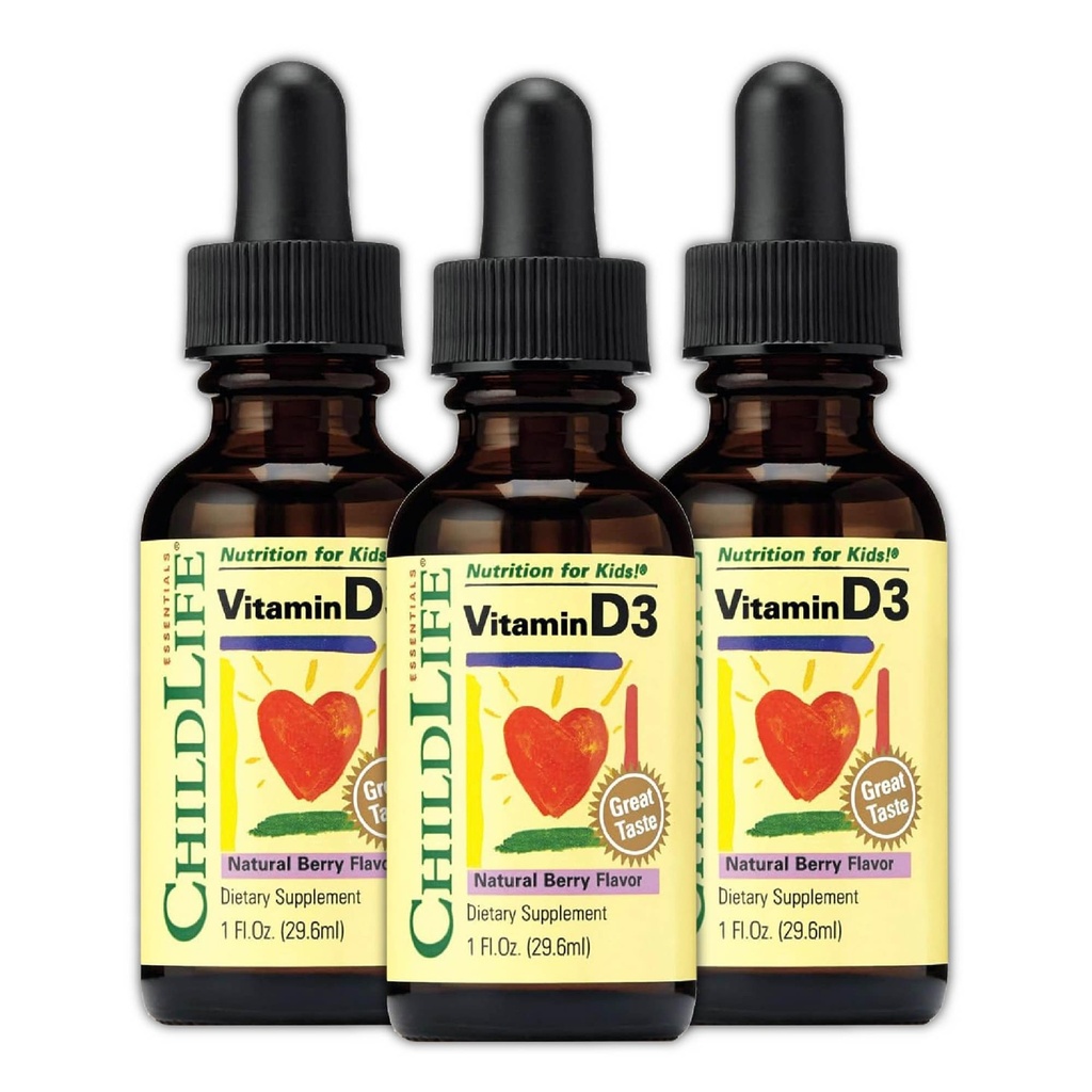 Dětský život ESSENTIALS Vitamin D3 Kapky pro děti, děti, & Toddlers - Tekutý vitamin D Kapky, 500 IU na kapku, Imunitní a kostní podpora, Přírodní Berry - 1 Fl Oz (balení po 3)