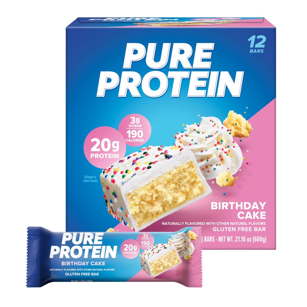 Čisté proteinové bary, vysoký protein, výživné svačiny na podporu energie, nízký cukr, gluten zdarma, narozeninový dort, 1.76 oz, balení 12 (Balení května Vary)