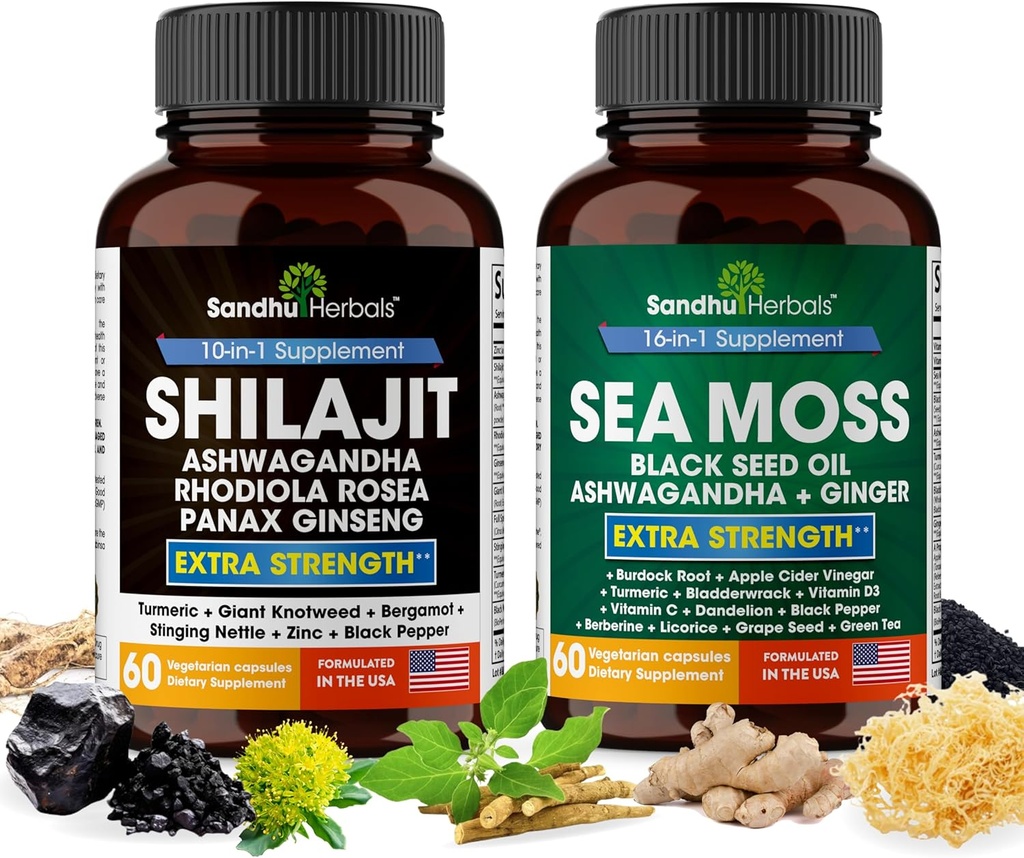SandHUHERBALS Sandhu Herbals Bundle - Mořský Moss, Shilajit, Black Seed Oil, Ashwagandha, Ginger, Rhoddiola Rosea, Panax Ginseng, Strhující kopřivka