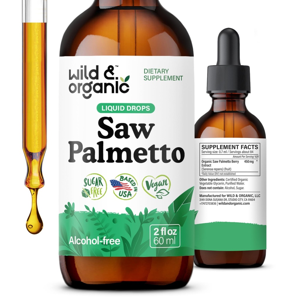 Wild & Organic Saw Palmetto Extract Drops - Podpora močení - Saw Palmetto pro muže a ženy - Liquid Serenoa Repens Berries Supplement - Vegan, Cukr & Alcohol- Free - 2 fl oz