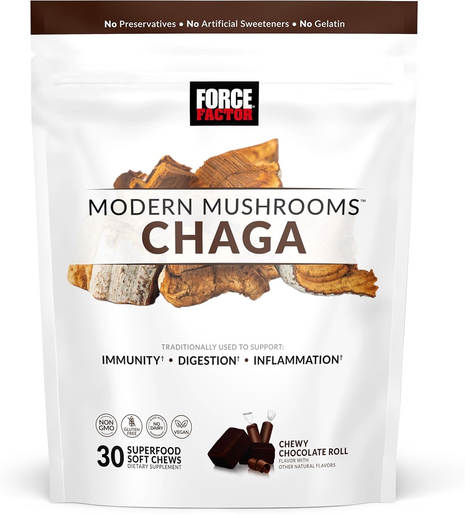 FORCE FACTOR Moderní houby měkké Chews, Chaga Houby dodatek k podpoře imunity, trávení, a Gut zdraví, Antioxidanty dodatek, Delicious Chewy Chocolate Roll Flavor, 30 měkké Chews