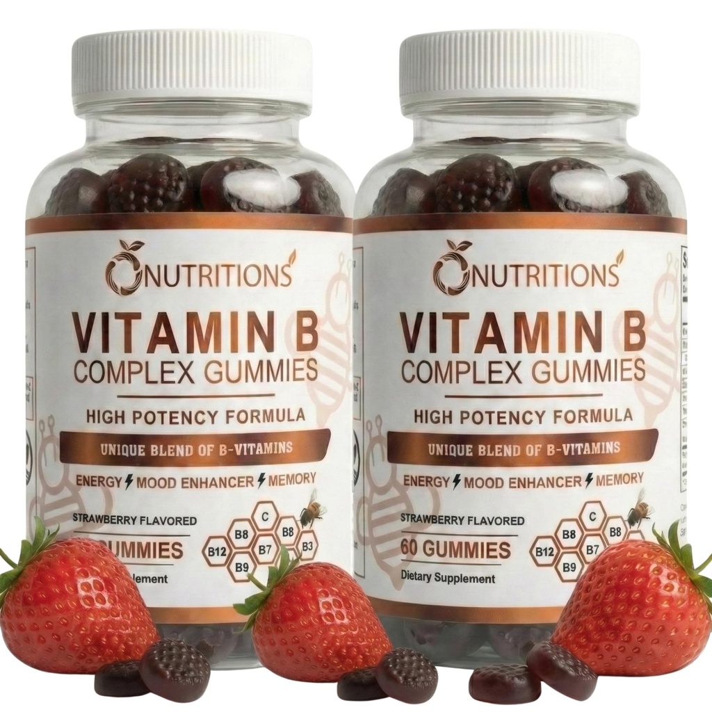 O NUTRITIONS Komplexní Veganské gumy vitaminu B s vitaminem B12, B7 jako biotin, B6, B3 jako niacin, B5, B6, B8, B9 jako folát pro stres, energii a zdravý imunitní systém (2 balení)
