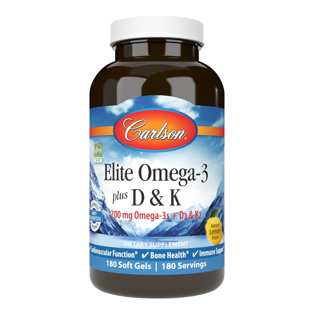 Carlson - Elite Omega33 Plus D & K, 700 mg Omega-3s + D3 & K2, funkce, Kostní zdraví a imunitní podpora, Lemon, 180 Softgels