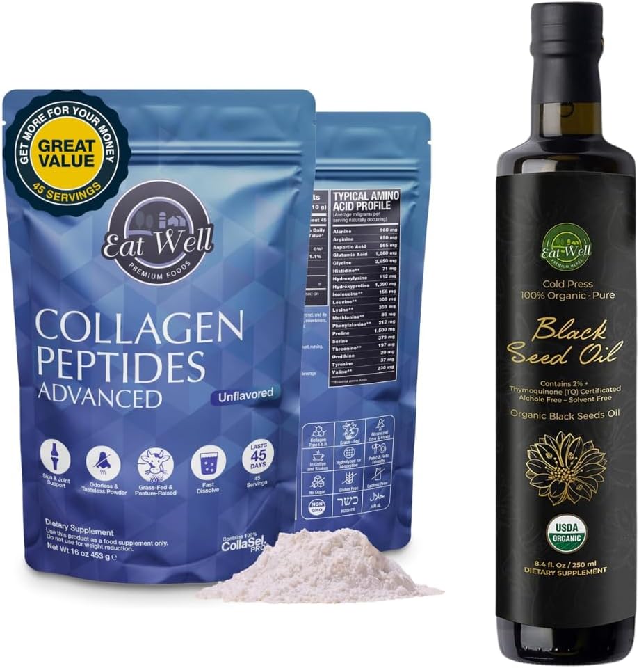 EAT Well PREMIUM FOODS Kolagen Peptides Powder Protein 45 Servings, 16oz & USDA Organic Black Seed Oil 8.4 FL oz Bottle