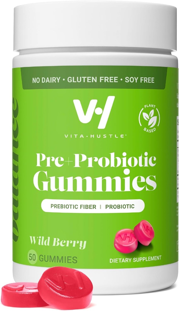 VitaHustle Pre + Probiotické gumy, Vegan, Gut Health, Digestion, Bloating, Relief, Imunitní podpora, Nízký cukr, Plant based, Non GMO, Berry Flavor, 50 Počet