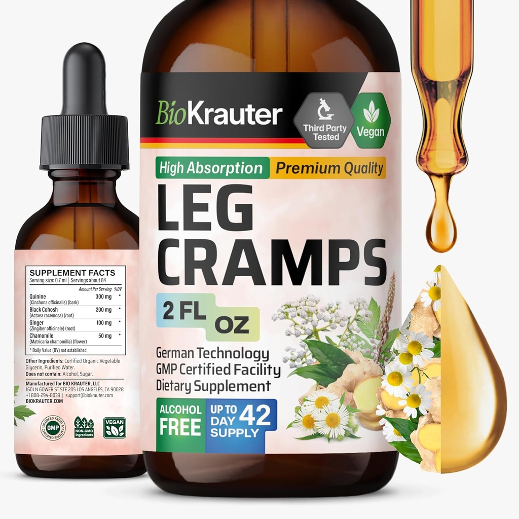 BIO KRAUTER Leg křeče tinktura s Quinine - zázvor & heřmánkový tekutý extrakt pro nohy křeče - přírodní alkohol & cukr zdarma Formule - Vegan kapky 2 Fl.Oz.