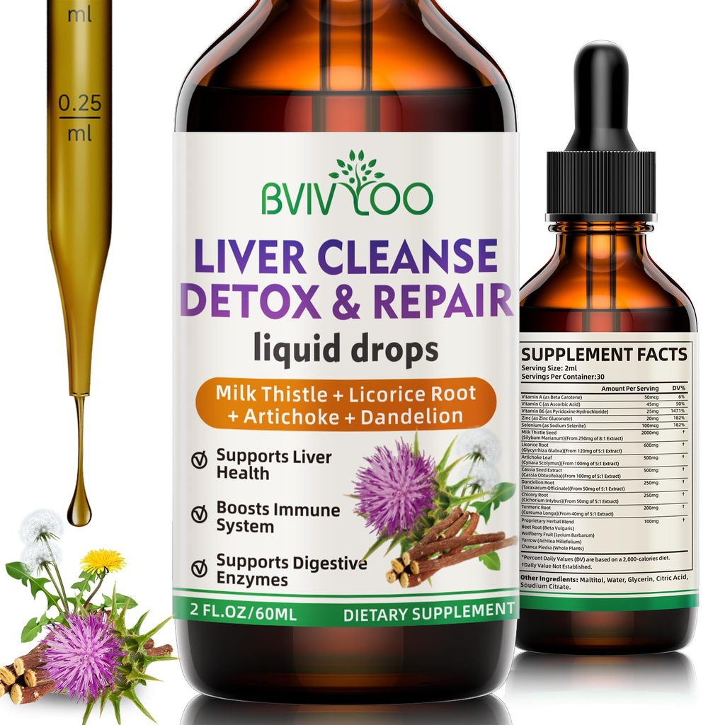 Jaterní čistící detox a opravy kapalných kapek - 2000mg Mléčné Thistle, Pampeliška Kořen, Umělec, Silymarin Extract, & Turmeric Byliny - Vegan, Non- GMO - 2 Fl Oz (60ml) Láhev
