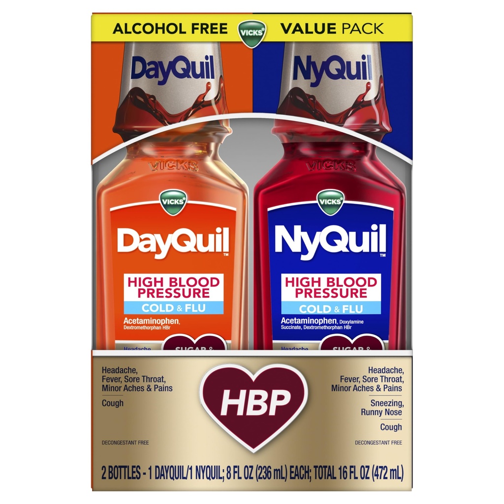 VICKS DayQuil & NyQuil vysoký krevní tlak studená & Fluu Relief Liquid Medicine Co- Pack, Výkonný Multi- Symptom Daytime & Nighttime Relief for Cold, Kašel, a Flu příznaky, cukr & Alkohol zdarma, 2x8oz