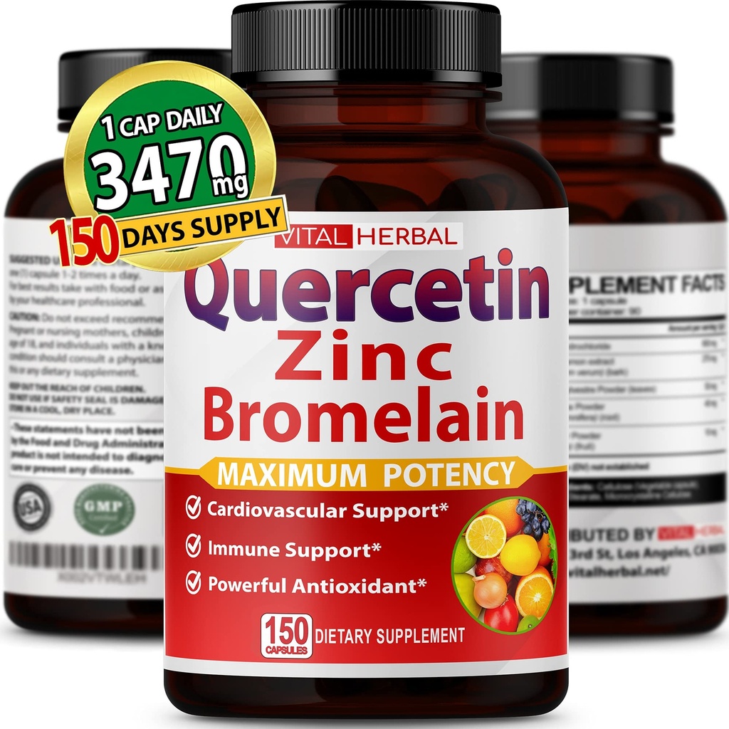 Premium High Purity Quercetin 98% s Bromelain kapsle pro maximální účinnost se Zeleným čajem Ashwagandha - Podporuje celkovou sílu zdraví energie - 150 dnů Dodávka