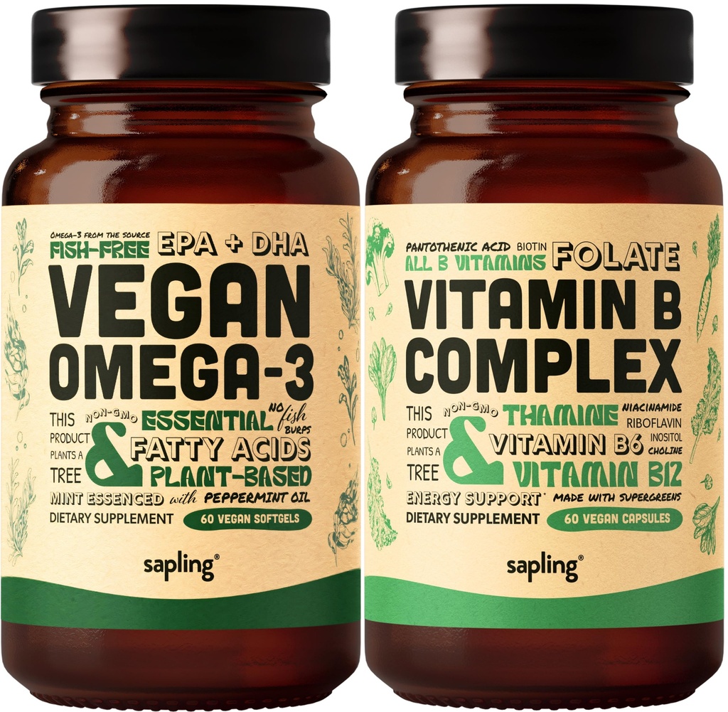 Vegan Omega 3 & Vegan Vitamin B Complex Bundle - Plant- Based DHA & EPA Fatty Acids, Essential B Vitaminy s celou potravinovou směsí, B1, B2, B3, B5, B6, B7, Folát