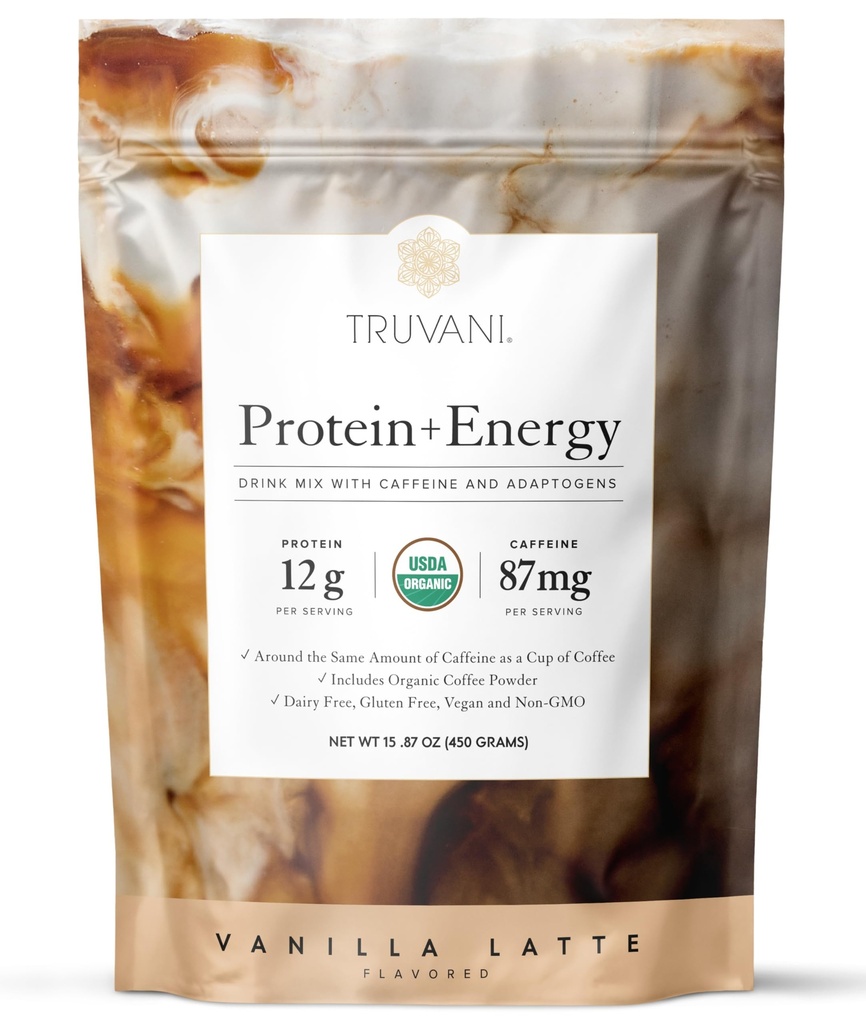 Truvani Protein + Energy Drink Mix s 87mg kofeinu 124; Vanilla Latte izomer 124; 12g Protein na bázi organického rostlinného proteinu 124; 20 Servings OF 124; USDA Organic Coffee Powder & Adaptogens OF 124; Gluten & Dairy Free OF 124; Vegan OF 124; Non- GMO