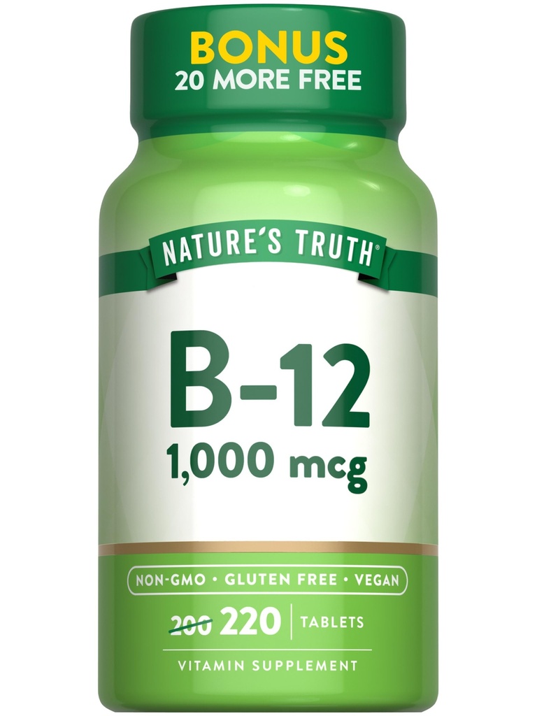 Nature 's Truth Vitamin B12 Tablety CLAS124; 1000 mcg CLAS124; 220 Count CLAS124; Vegan, Non- GMO & gluten zdarma dodatek