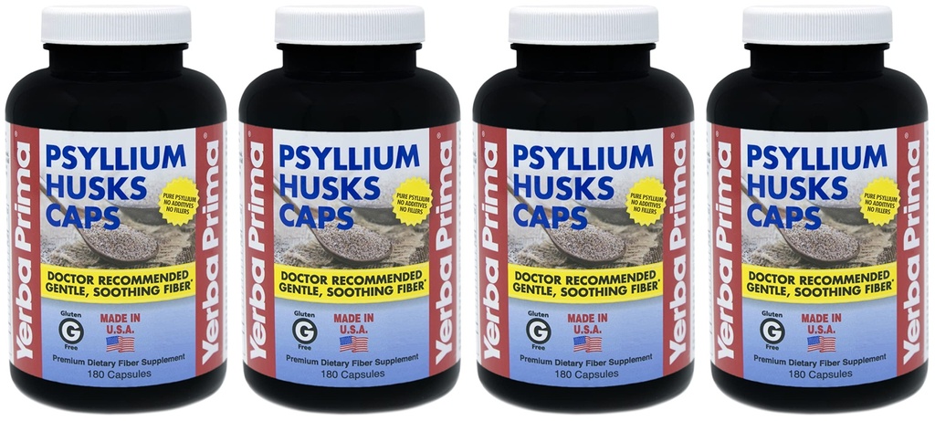 Yerba Prima Psyllium Husks Caps - 180 čepice (balení po 4) - Přírodní Vláknina doplněk - Non- GMO gluten zdarma