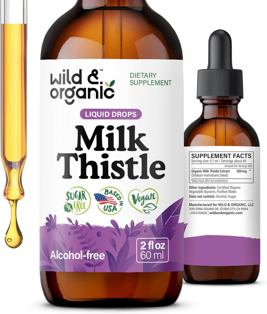 Wild & Organic Milk Thistle Extract Drops - Játra Cleanse Support - Mléko Thistle Játra Detox tinktura - Silymarin dodatek - Silybum Marianum Seeds - Vegan, Cukr & Alcohol- Free - 2 fl oz