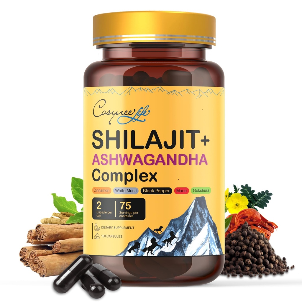Himalayan Shilajit- Komplex s Ashwagandha, Mace, Gokshura, Skořice & Piperine CLANE124; Energie, Vitality & 85 + Stopové minerály, Shilajit pro muže, Shilajit pro ženy, Pravidelná dávka - 150 tobolek