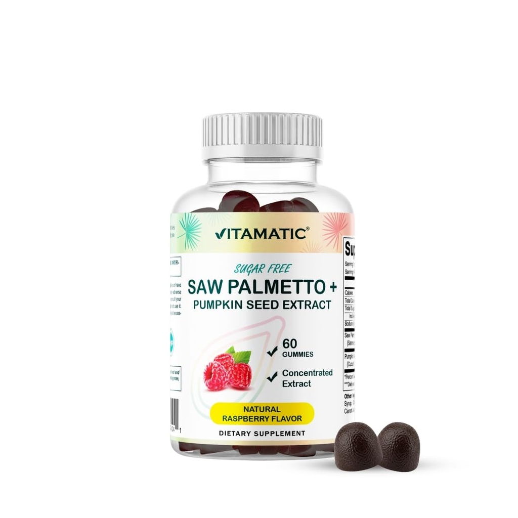 Vitamatic Sugar- Free Saw Palmetto s dýňovým semenem - 3000 mg Ekvivalentní per Serving - Natural Raspberry Flavor - 60 žvýkaček