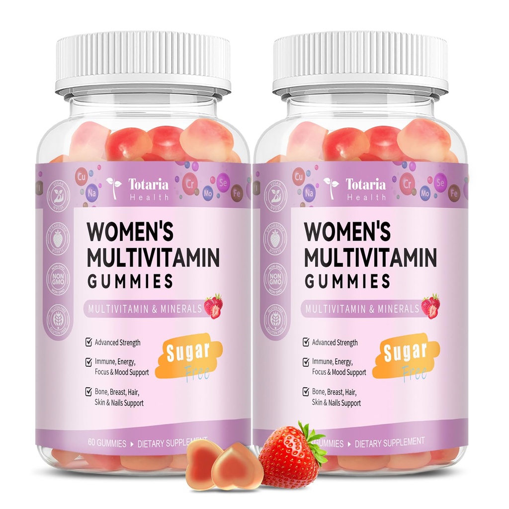 Totaria Sugar Free Multivitamin Gummies pro ženy 14 + w / Inositol, Železo, Folát, Biotin, Womens Daily Multivitamin Gummy w / Vitamin A, D, C, B, Support Hair, Skin, Energie, Imunitate, Jahodový Flavor