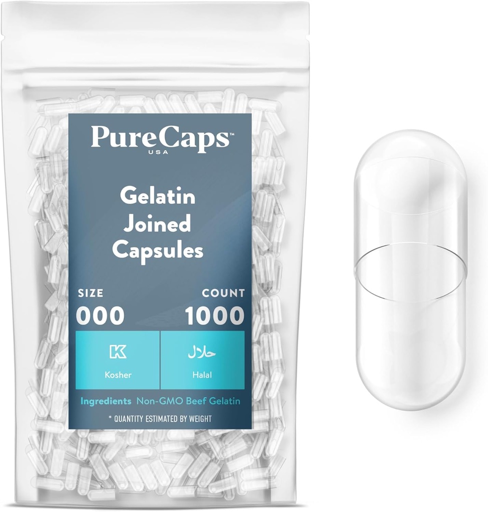 PureCaps USA - Prázdná želatina Pill Kapsle velikosti 000 CLAS124; 1000 spojených pilulek CLAS124; Clear CLAS124; Non- GMO Certified CLAS124; SLS, gluten, konzervativní zdarma