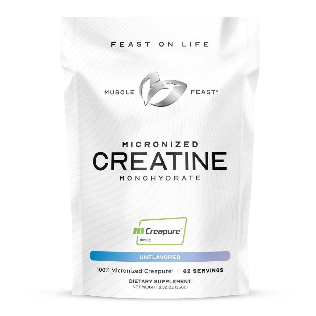 Svalová hostina Creapure - Mikronizovaný kreatin Monohydrát Prášek 124; Premium Pre- Workout nebo Post- Workout 124; Creatin pro ženy & Muži 124; Easy to Mix, Vegan, gluten- Free, Safe and Pure (Neochucené, 250g)