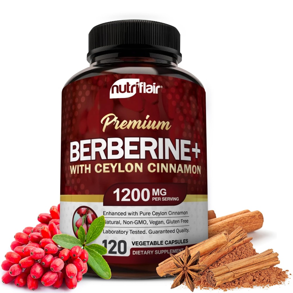 NutriFlair Premium Berberine HCL 1200mg, 120 Kapsle - Plus čistá Ceylon Skořice, Berberine HCI Root Supplements Pills - Imunitní systém - přináší optimální 8% HCl