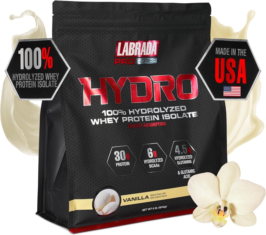 LABRADA Hydro 100% čistý hydrolyzovaný syrovátkový protein izolát prášek, laktóza zdarma, glutamin, Nejrychlejší stravovací syrovátka k dispozici, okamžité míchání, Delicious Taste 48 Servings 4lb (Vanilla)