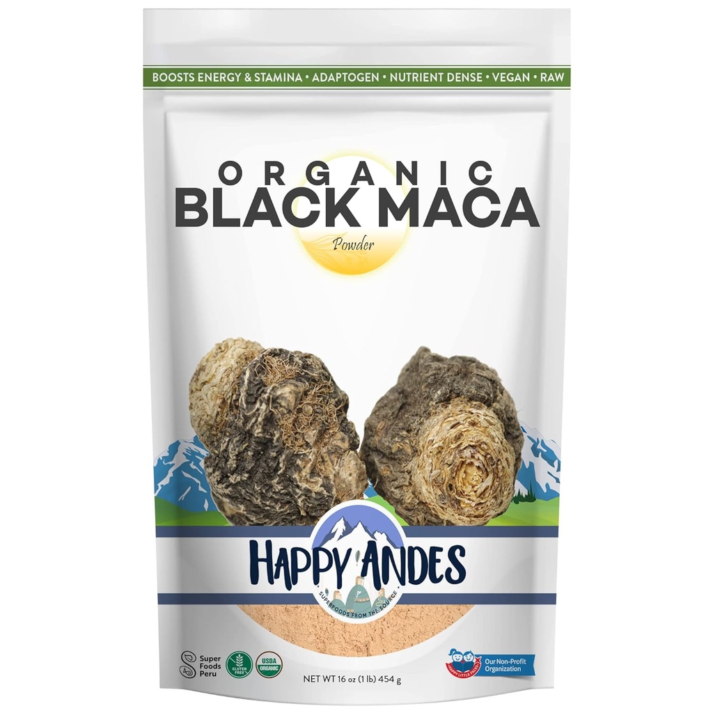 Happy Andes Organic Black Pure & Raw Maca Root Powder Non- GMO, USDA for Energy & Fitness, Performance & Mood for Men & Women, Gluten Free, Peruvian Superfood, Blue, 16 oz